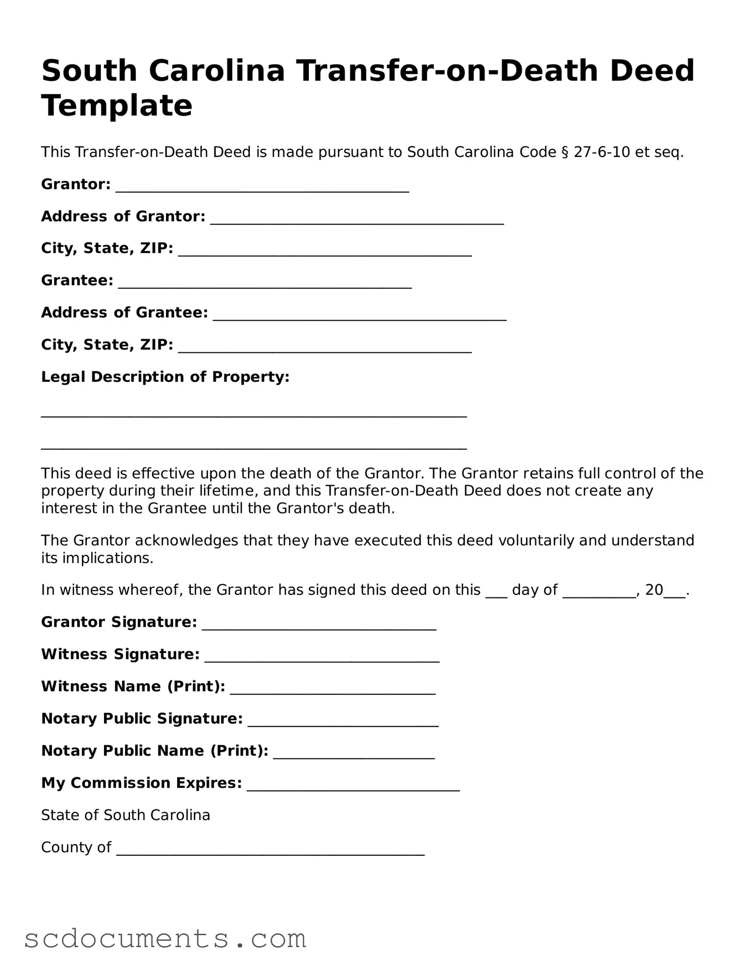 Legal South Carolina Transfer-on-Death Deed Form