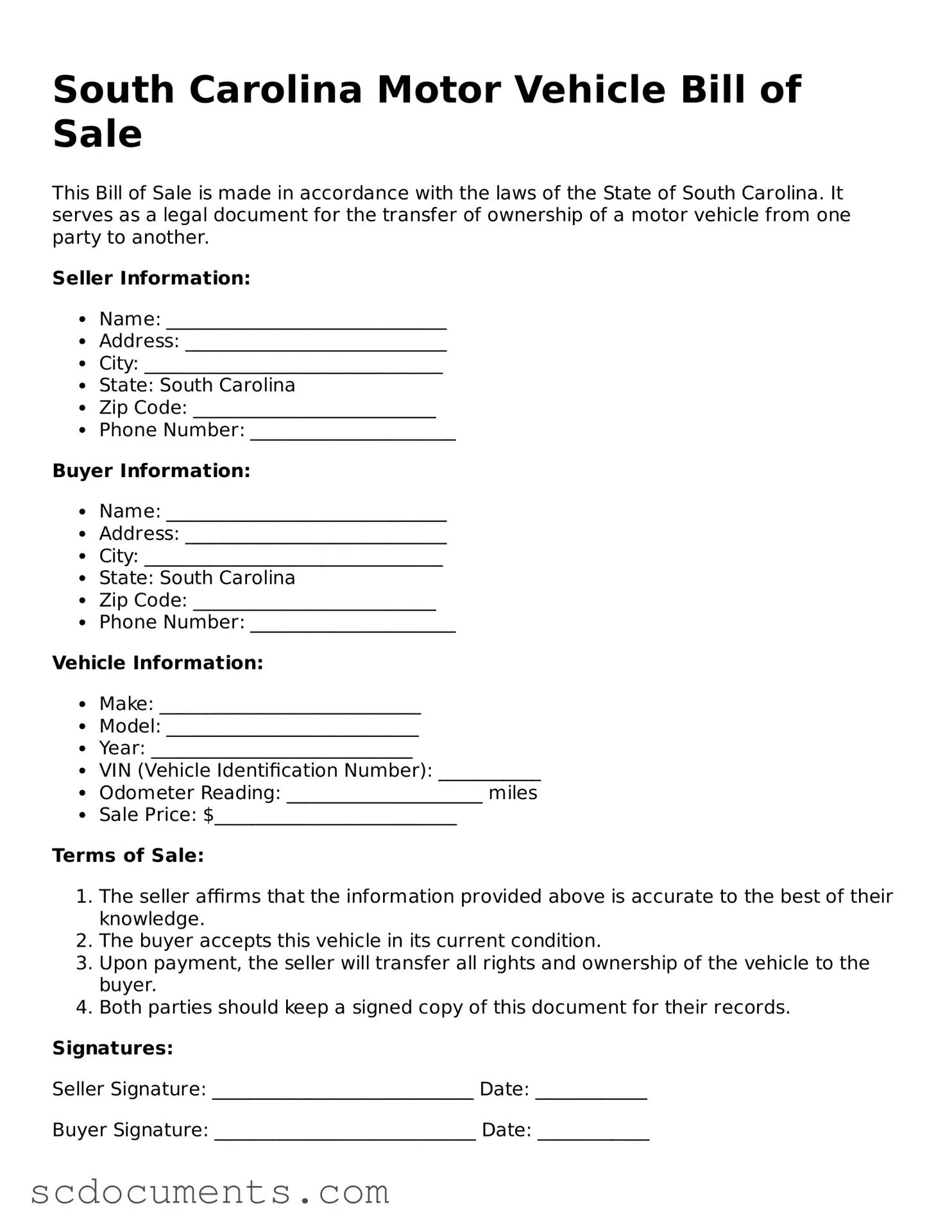 Legal South Carolina Motor Vehicle Bill of Sale Form